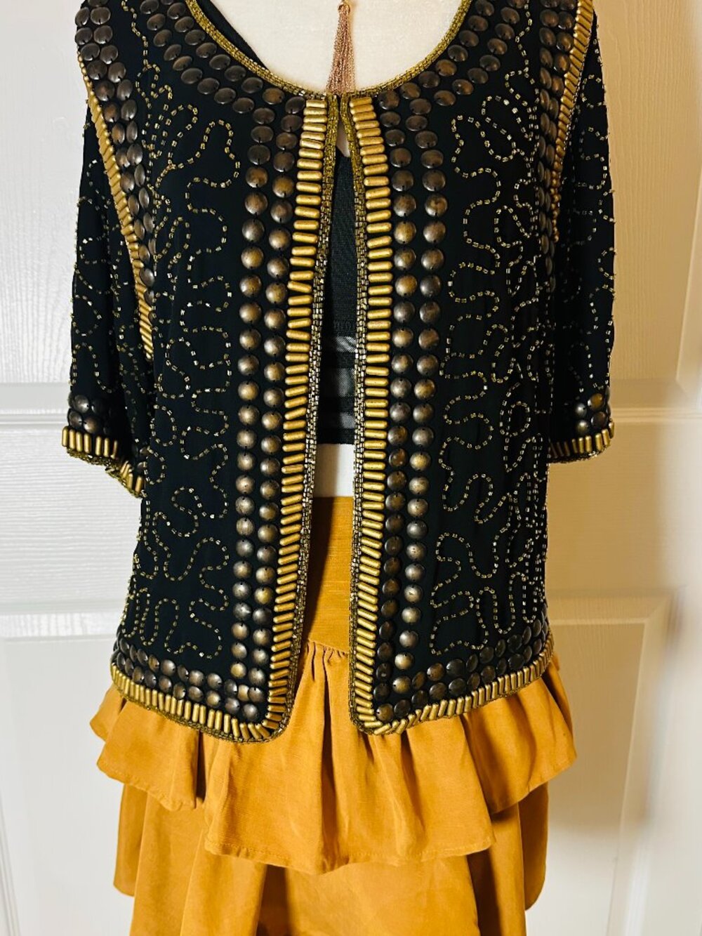 NWT Hazel Black Gold Silver Beaded Embellished Boho Statement Jacket Cardigan M